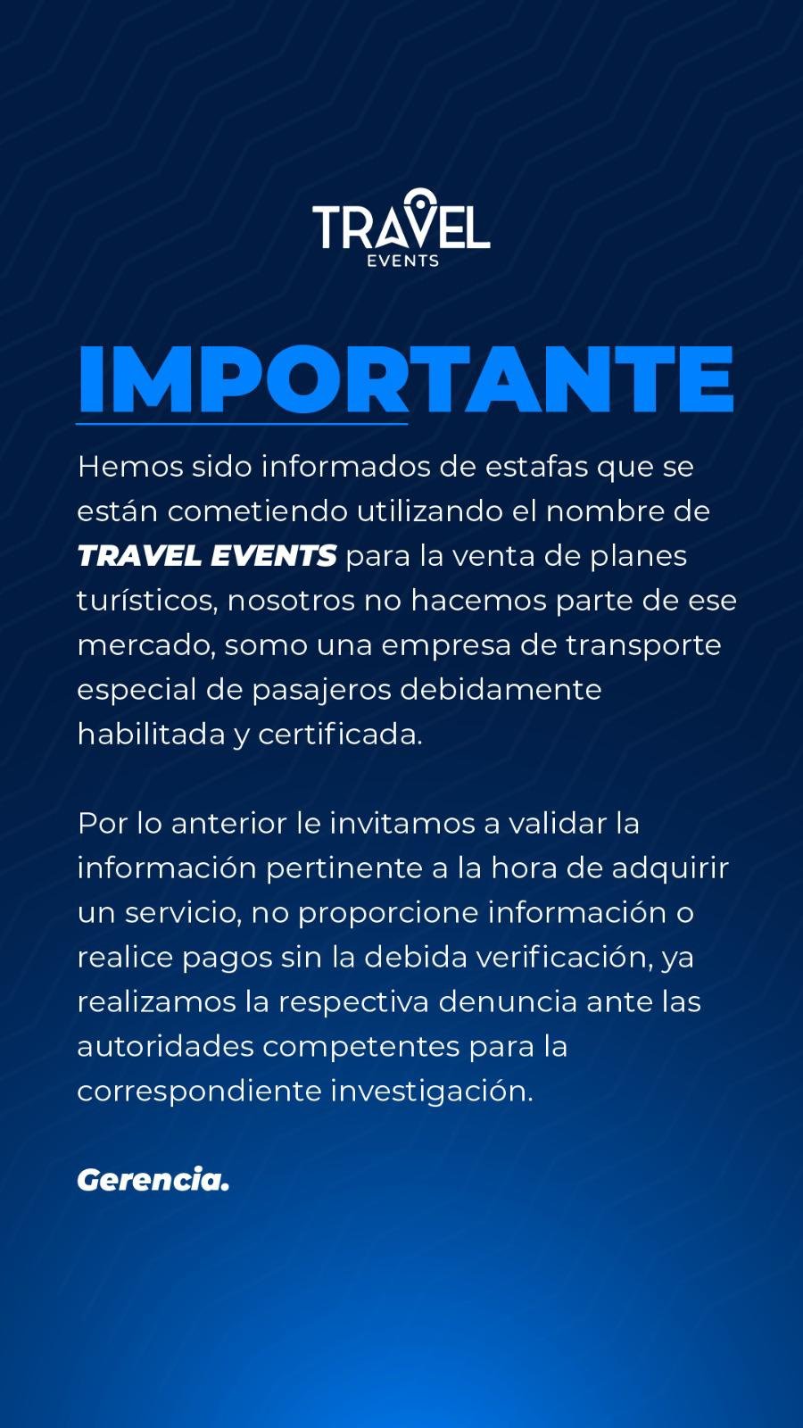 Aviso importante Travel Events
